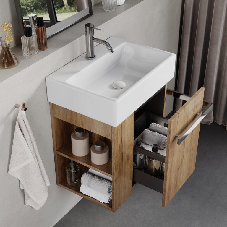 BRIDGE BENO Mobiletto Da Bagno Da 50 cm Con Lavabo in Ceramica, Cassetto Con Chiusura Ammortizzat...