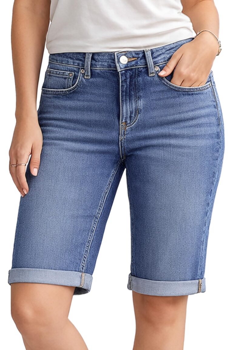 NOROZE Bermuda donna in denim elasticizzati al ginocchio con risvolto