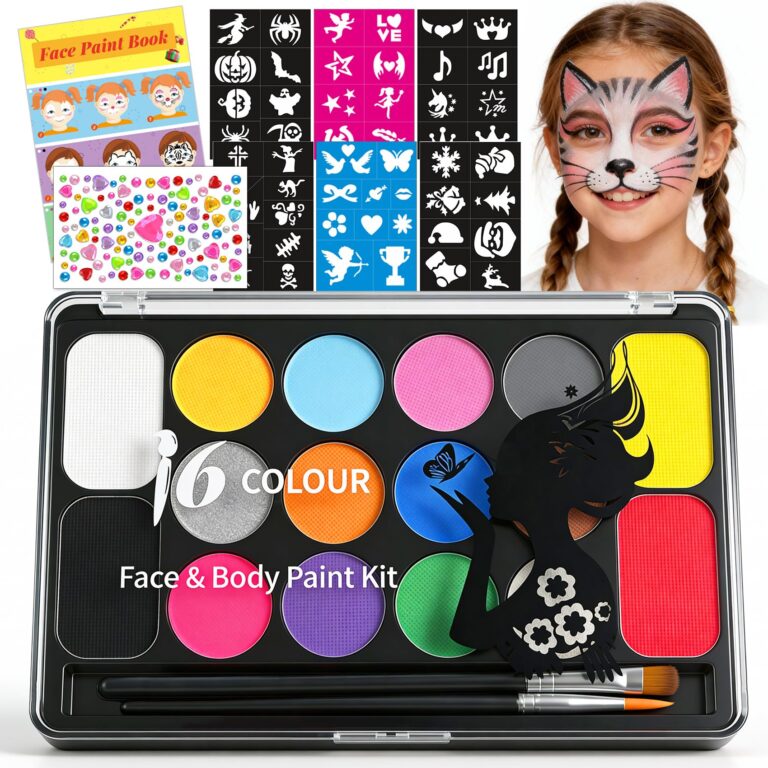 Mekkyes Kit Truccabimbi 16 Colori con 52 Stencil e Adesivi Strass