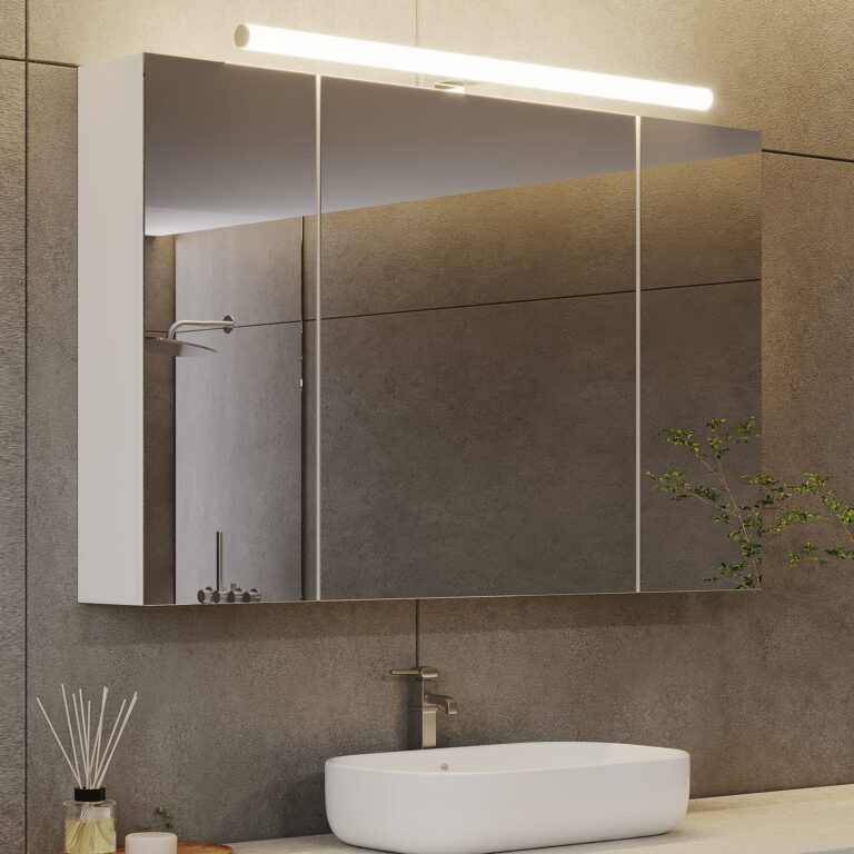 DICTAC Specchio Bagno Contenitore con Luce e Presa Elettrica Mobile Bagno con Specchio e Led illuminazione 90x16x60cm Arma...