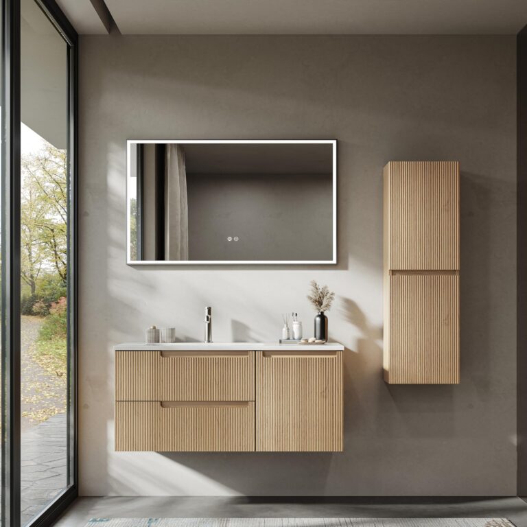 BRIDGE BENO Mobile lavabo sospeso 100 cm con lavabo in resina minerale, 2 cassetti e 1 anta, ultr...
