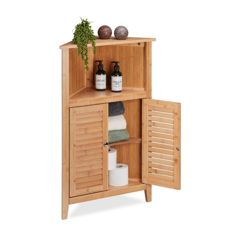 Relaxdays Mobile Angolare Bagno, Armadietto in bambù da Terra, HLP: 92x58x30 cm, Mobiletto a 2 An...