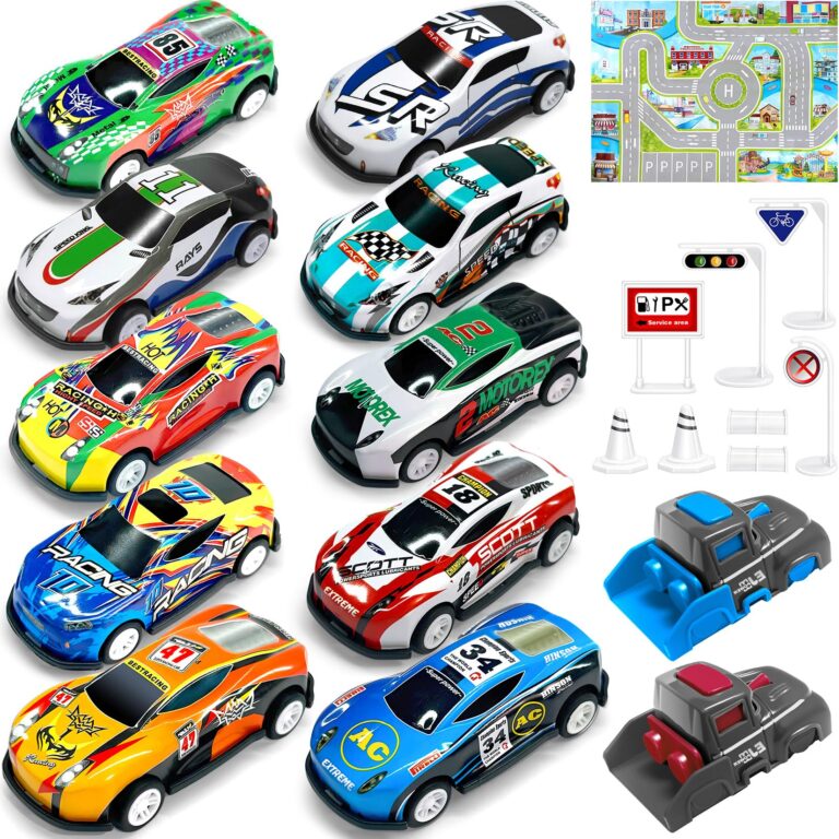 TOYABI 21 Pezzi Macchinine per Bambini Set, 10 Mini Macchine Giocattolo con Lanciatore/Tappeto da Gioco, Veicolo Metallo D...