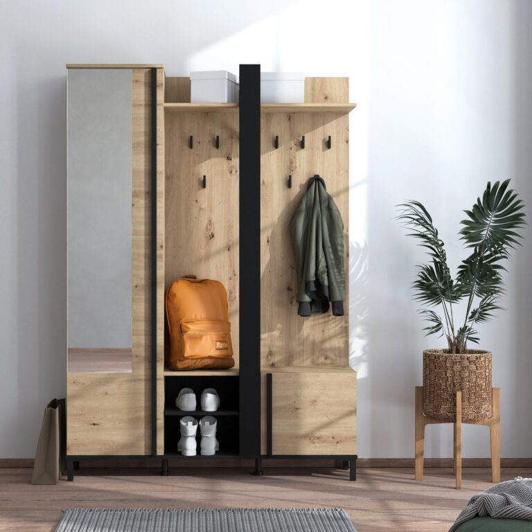 Dmora Mobile da Ingresso Kosuta 135x35x193h cm Marrone Rovere Nodi Specchio Incluso 7 Ripiani, Ap...
