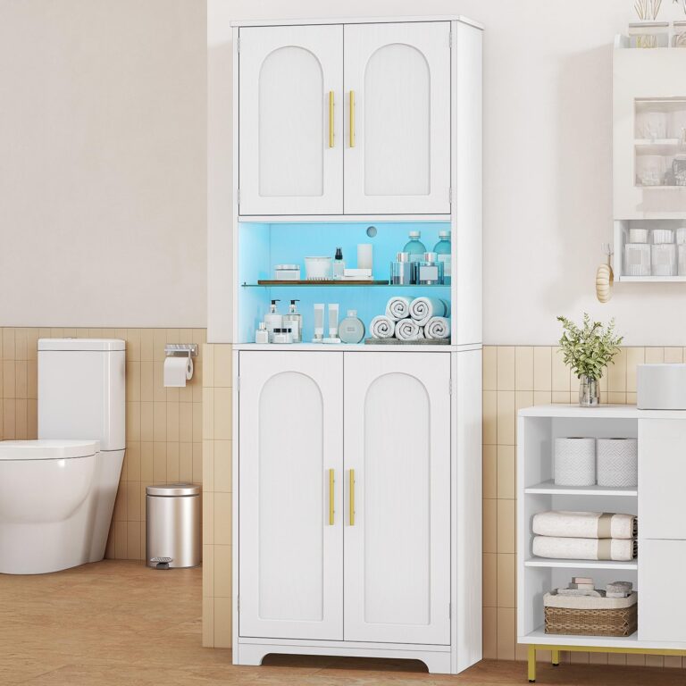 Hzuaneri Mobile Bagno con Luci LED, 4 Ante, mobiletto bagno salvaspazio, mobile alto con spazio aperto, ripiani regolabil...