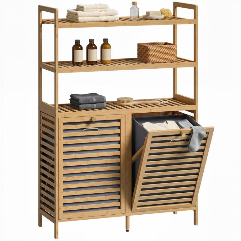 HOMCOM Mobile Portabiancheria da Bagno in Bambù con 2 Scomparti a Ribalta, 2x38.7L, Mobile Biancheria Sporca con Cesti Rim...