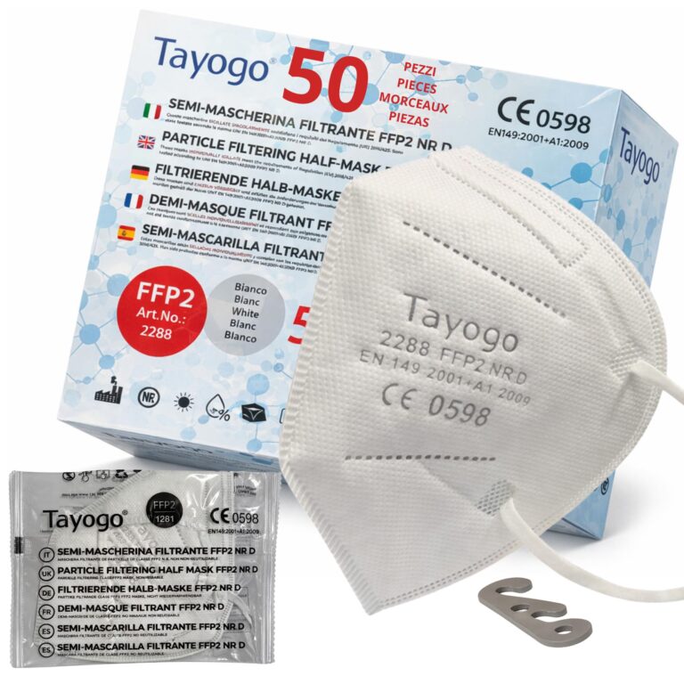 Tayogo 50 Mascherine FFP2 Bianche CE – 5 Strati, Filtrazione ≥ 99,5%