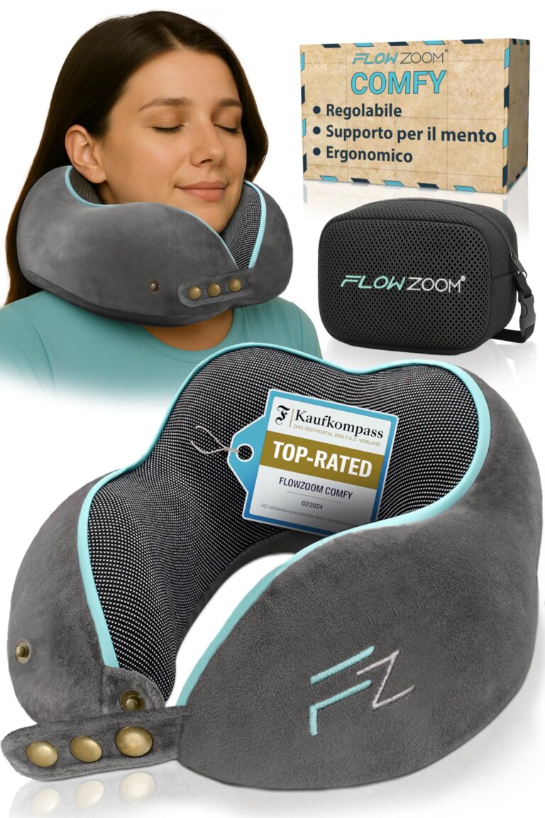 FLOWZOOM Comfy Cuscino da Viaggio in Schiuma Memory per Aereo e Auto – Cuscino per il Collo Regolabile con Supporto a 36...