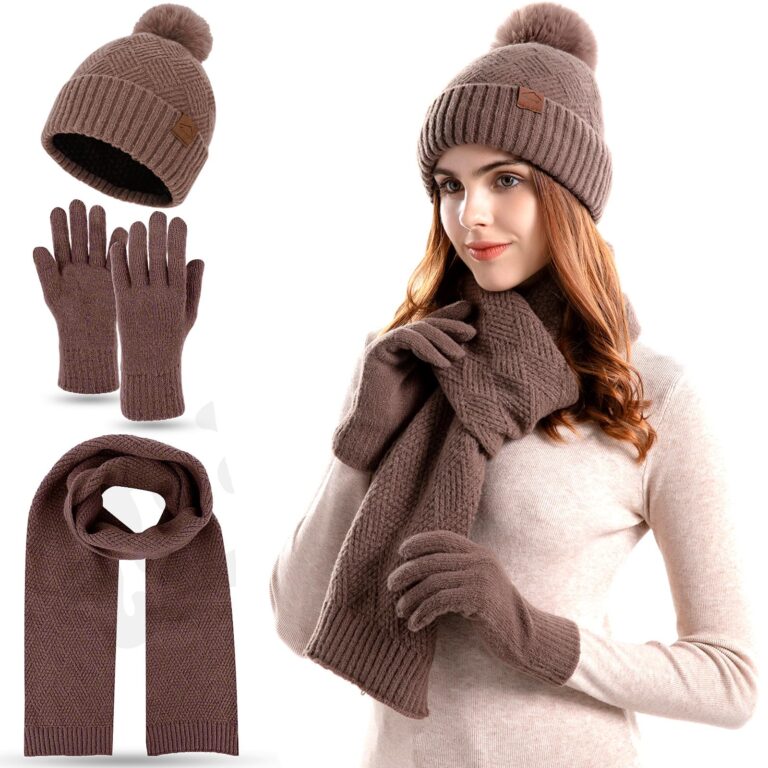 FUBABCO Set Donna Cappello con Pompon, Sciarpa e Guanti in Maglia
