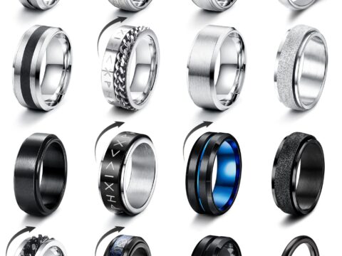 LOLIAS Set 16 Anelli Uomo Acciaio Inossidabile Nero e Argento