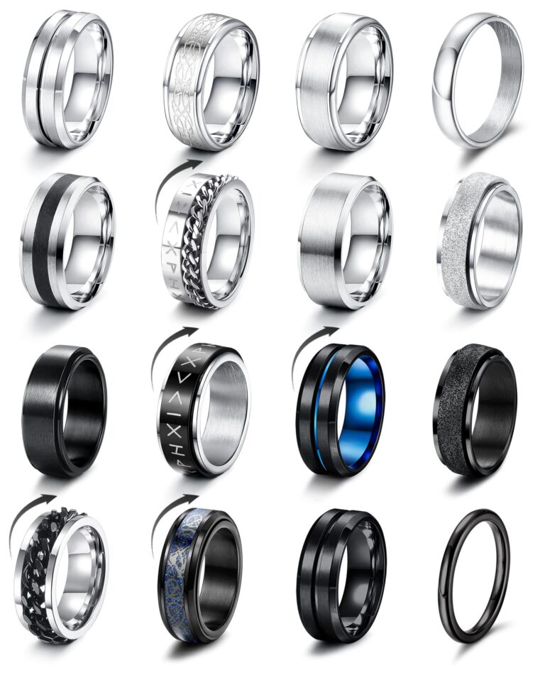 LOLIAS Set 16 Anelli Uomo Acciaio Inossidabile Nero e Argento