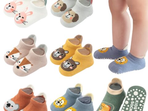 VEGCOO 7 Paia Calzini Antiscivolo in Cotone con Stampe di Animali per Neonati