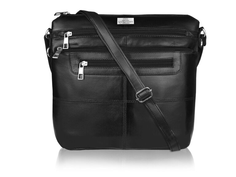Quenchy London Borsa a Tracolla da Donna in Vera Pelle, Tracolla Regolabile con 7 Tasche, H25cm x...
