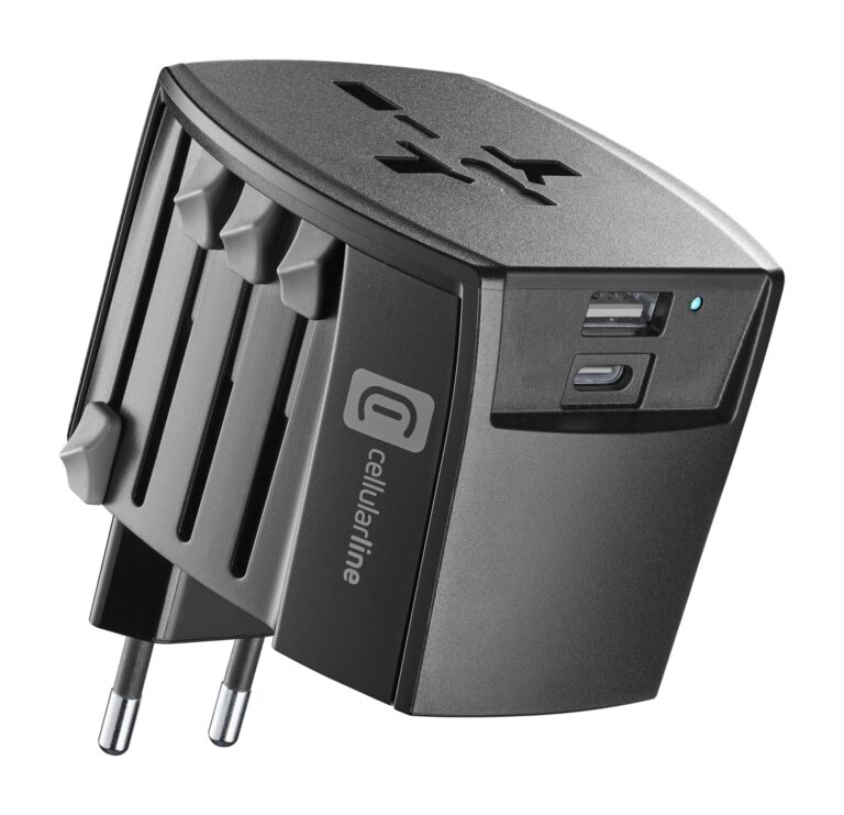 Cellularline Adattatore da viaggio con USB 18W e USB-C 20W, 100-240V