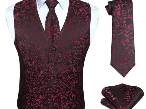 Enlision Gilet Paisley Jacquard da Uomo con Cravatta e Fazzoletto
