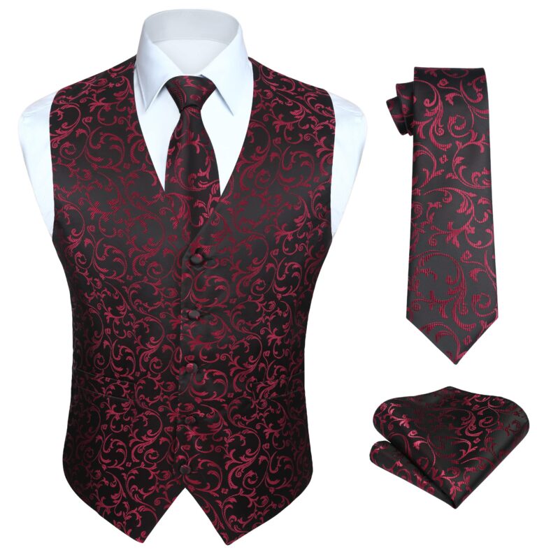 Enlision Gilet Paisley Jacquard da Uomo con Cravatta e Fazzoletto