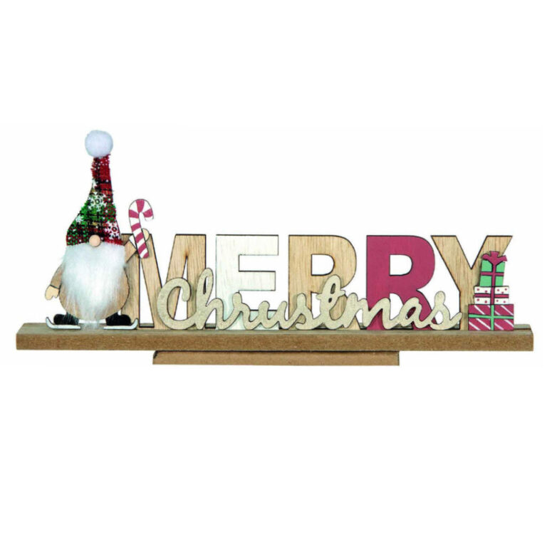 Scritta In Legno Merry Christmas Da Appoggio Con Gnomo 28Xh.12Cm – 78Dec215