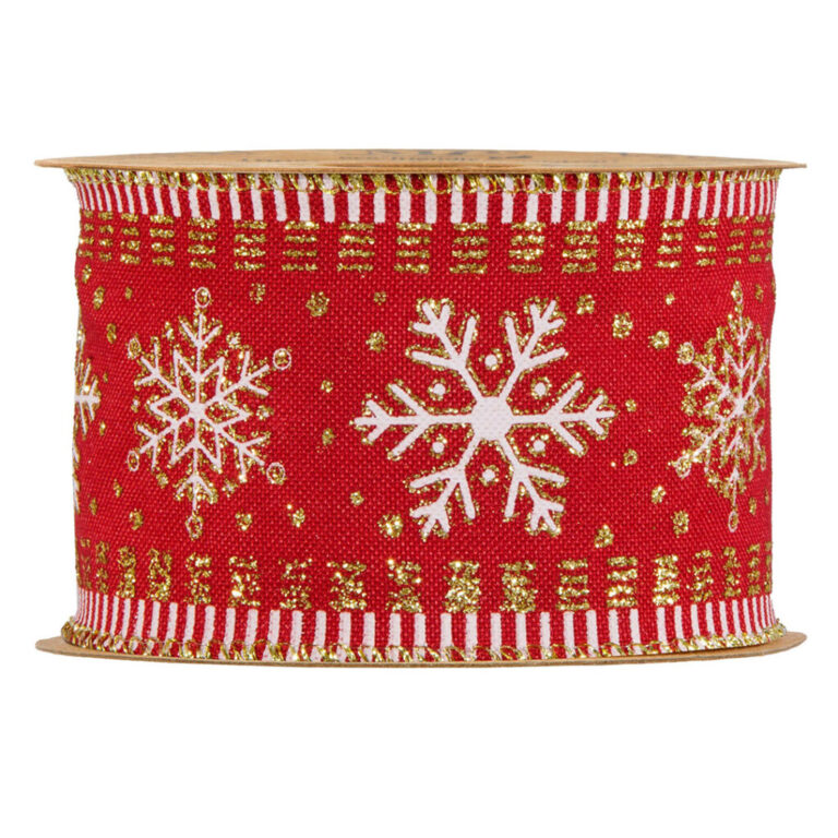 1 Mt. Di Nastro Animato Base Rosso Con Fiocchi Di Neve Glitter Oro E Bianchi  H6,3Cm – 78Nas451