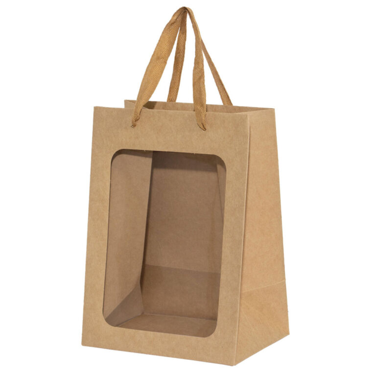 Sacchetto In Cartoncino Avana Con Finestra Acetato 18 X H25 X 13 Xm – 78Sac031