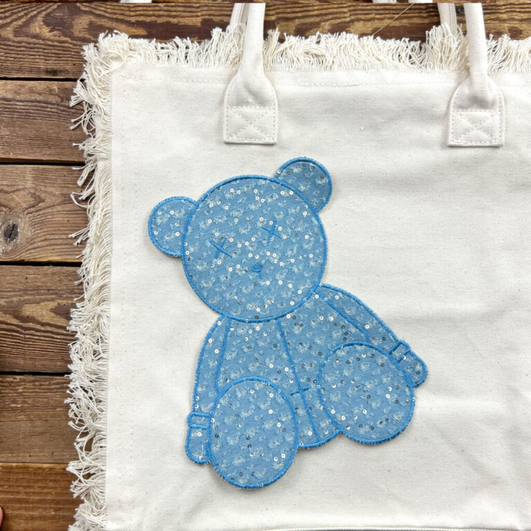 Patch Orsetto Jeans Con Paiettes Da Cucire 25 X H21 Cm